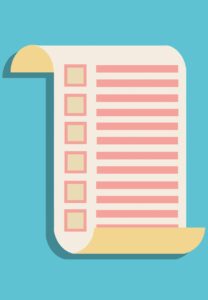 Illustration of a checklist on a curled sheet of paper with pink boxes and lines.