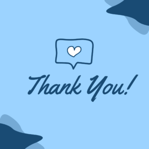 "Thank You!" text with a heart in a speech bubble on a light blue background with dark blue corner shapes.