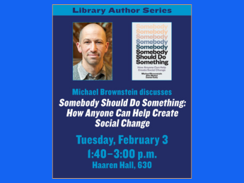 Promotional poster for a library author event featuring Michael Brownstein discussing his book.