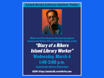 A promotional poster for a book talk titled “Diary of a Rikers Island Library Worker” by Medar de la Cruz.