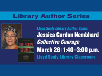 "Promotional image for the Library author series featuring a photo portraits of Jessica Gordon Nembhard, her book cover, and information about the event.