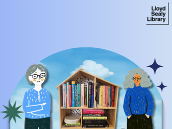 A little free library flanked by two cartoon librarians with glasses. Clouds and sky can be seen in the background.