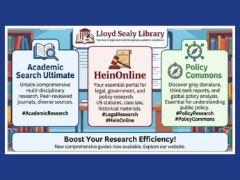 Infographic promoting online research resources from Lloyd Sealy Library, featuring Academic Search Ultimate, HeinOnline, and Policy Commons.