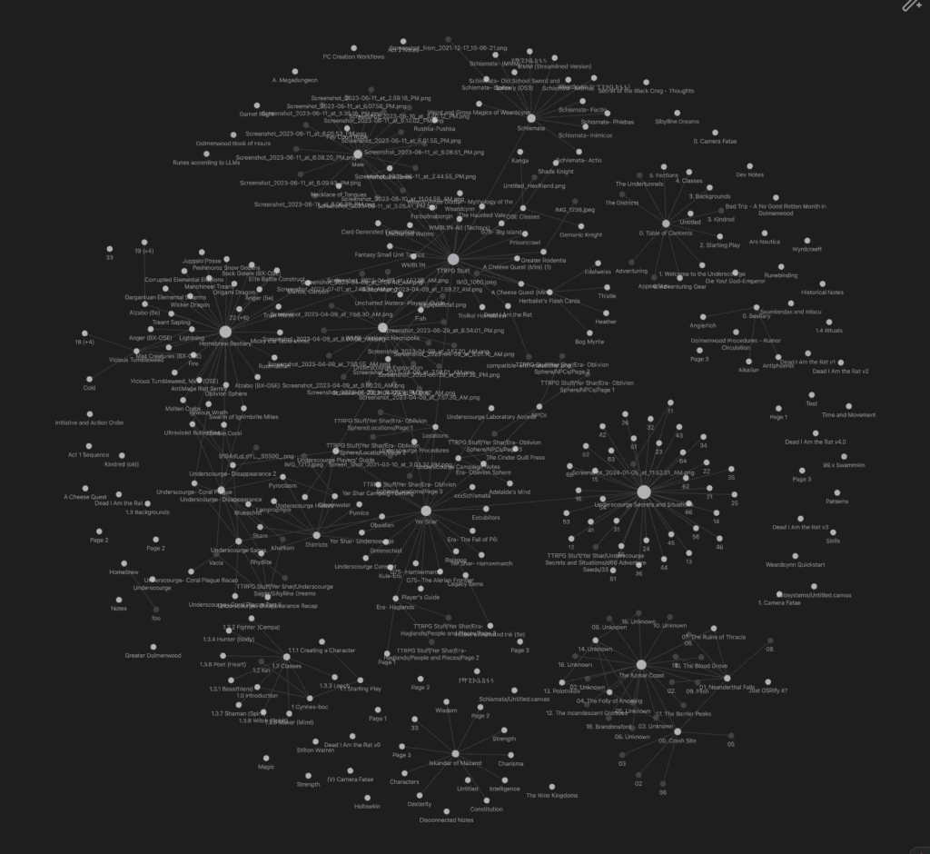 A screenshot of numerous nodes in a graph of Obsidian notes/documents, with text labels visible.