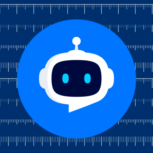 A chatbot logo inside a bright blue circle against a blue ruler-lined background.