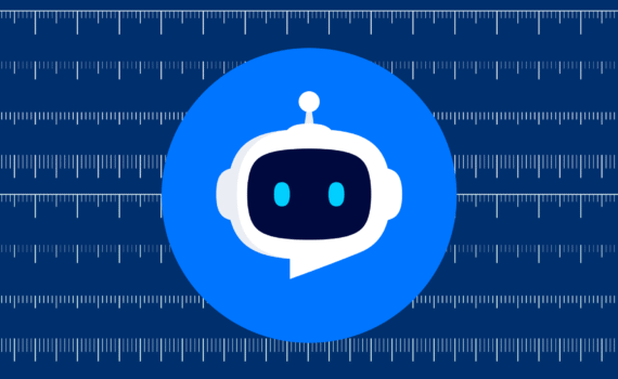 A chatbot logo inside a bright blue circle against a blue ruler-lined background.