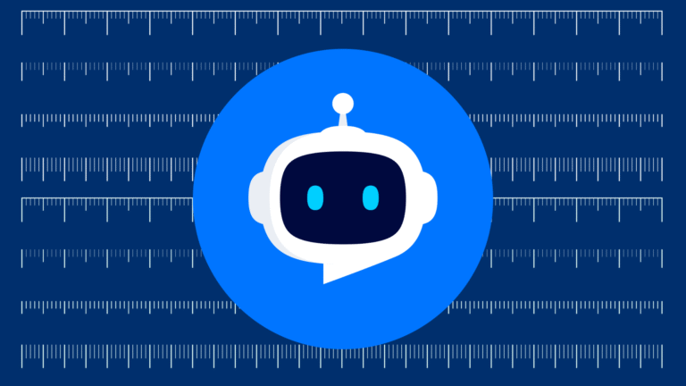 A chatbot logo inside a bright blue circle against a blue ruler-lined background.