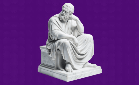 Animation of Socrates sculpture with moving AI icons