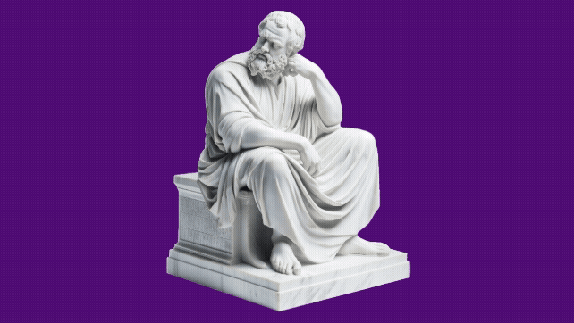 Animation of Socrates sculpture with moving AI icons