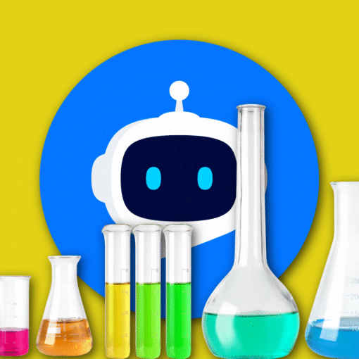 Bright yellow background with a large blue circle featuring a white robot head. A row of labeled laboratory glassware (beakers and flasks) in various colors sits in front, with turquoise liquid in the center.