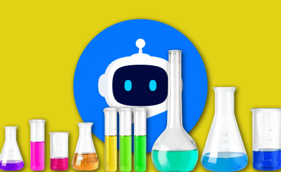 Bright yellow background with a large blue circle featuring a white robot head. A row of labeled laboratory glassware (beakers and flasks) in various colors sits in front, with turquoise liquid in the center.