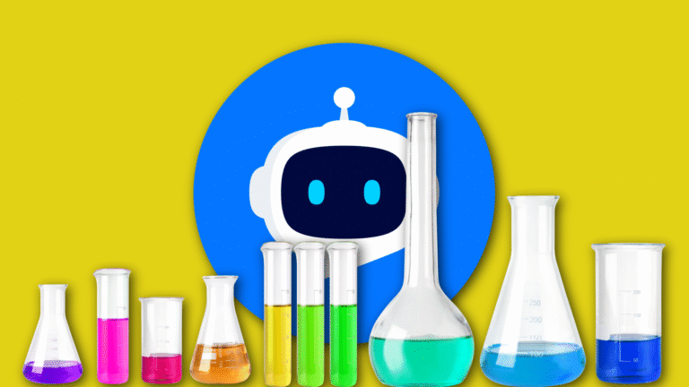 Bright yellow background with a large blue circle featuring a white robot head. A row of labeled laboratory glassware (beakers and flasks) in various colors sits in front, with turquoise liquid in the center.