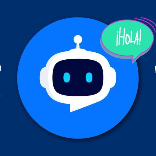 a blue robot/chat bubble icon with a speech balloon saying “¡HOLA!” and playful arithmetic doodles on both sides.
