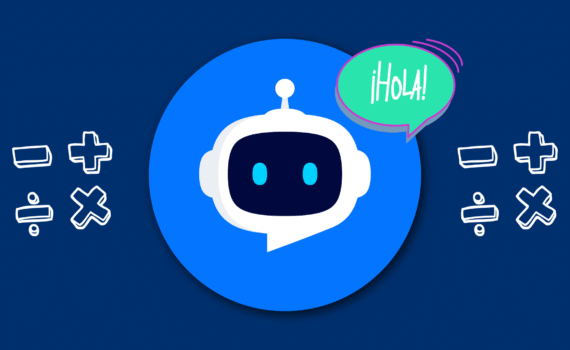 a blue robot/chat bubble icon with a speech balloon saying “¡HOLA!” and playful arithmetic doodles on both sides.