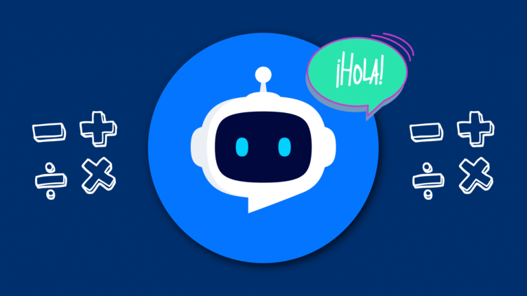 a blue robot/chat bubble icon with a speech balloon saying “¡HOLA!” and playful arithmetic doodles on both sides.
