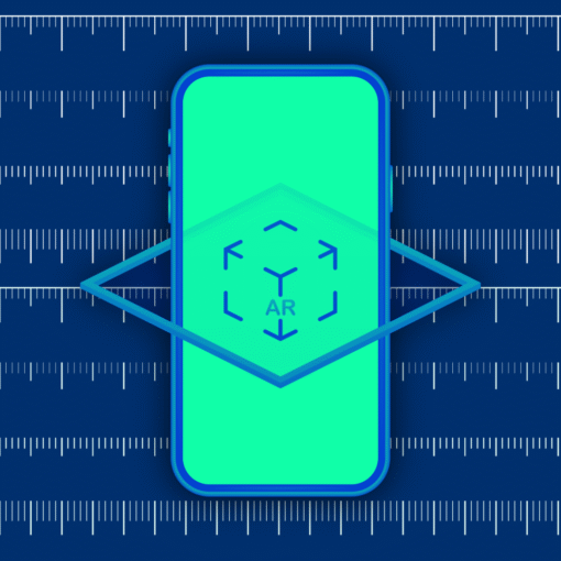 A cyan smartphone centered on a blue ruler-patterned background, with arrows pointing outward from the phone.