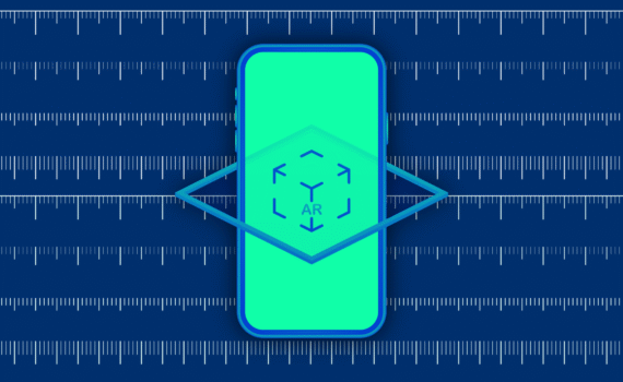 A cyan smartphone centered on a blue ruler-patterned background, with arrows pointing outward from the phone.