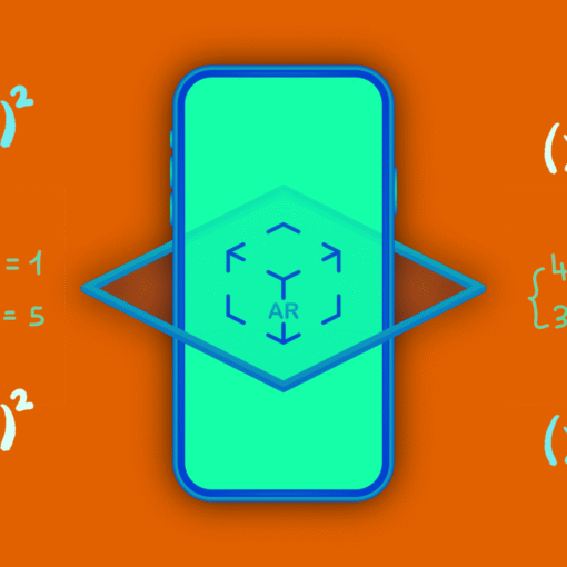 Orange background with blue equations around a turquoise phone displaying an AR cube. The same (x+y)² appears in white on the sides.