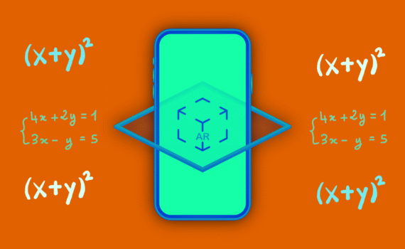 Orange background with blue equations around a turquoise phone displaying an AR cube. The same (x+y)² appears in white on the sides.