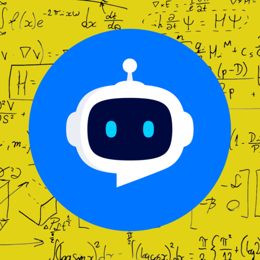 A bright yellow background with mathematical equations; a large blue circle in the center holds a white chatbot icon with a dark face and light blue eyes.