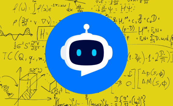 A bright yellow background with mathematical equations; a large blue circle in the center holds a white chatbot icon with a dark face and light blue eyes.