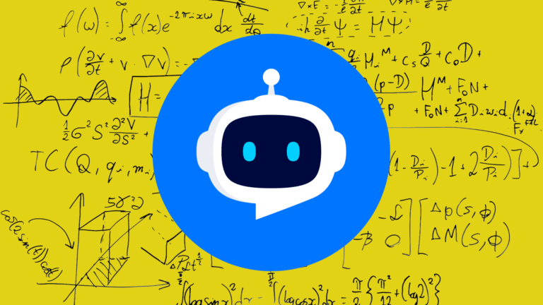 A bright yellow background with mathematical equations; a large blue circle in the center holds a white chatbot icon with a dark face and light blue eyes.
