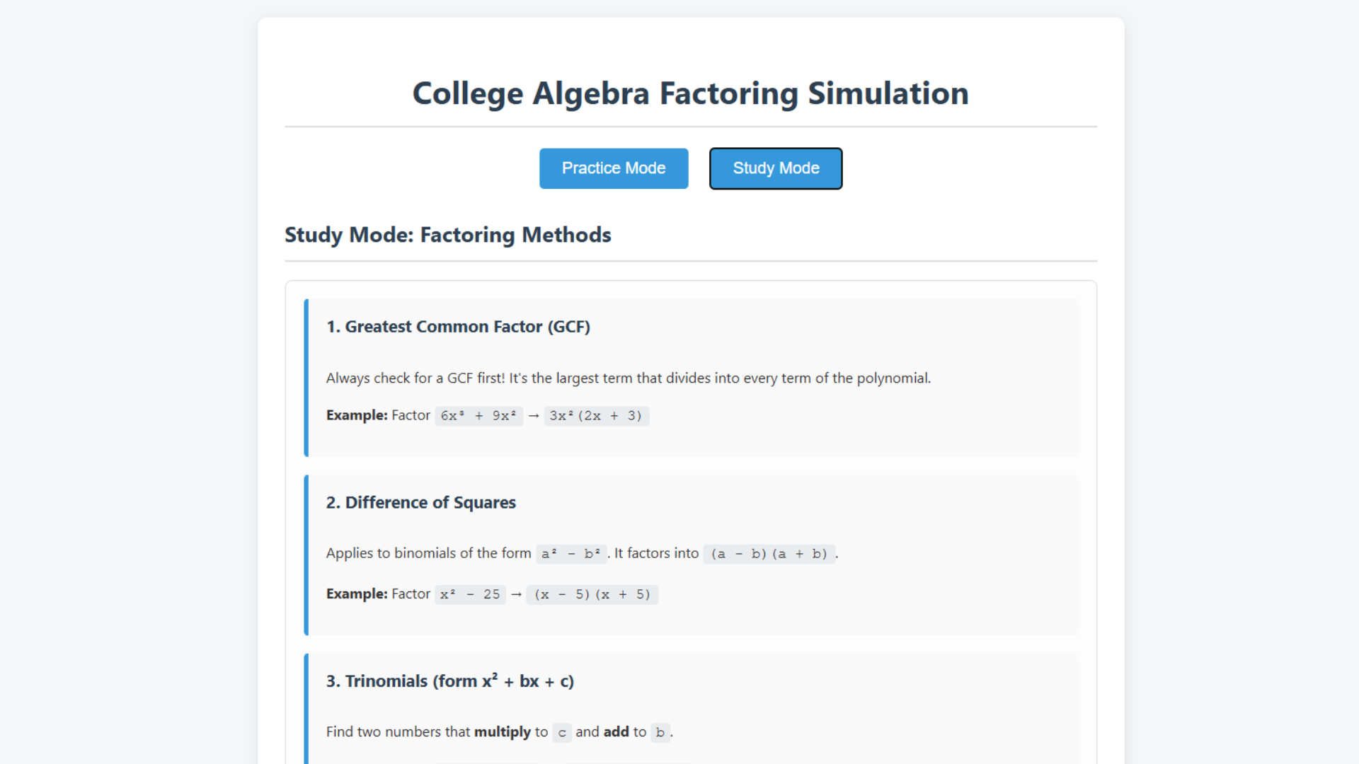 Screenshot of a factoring simulation