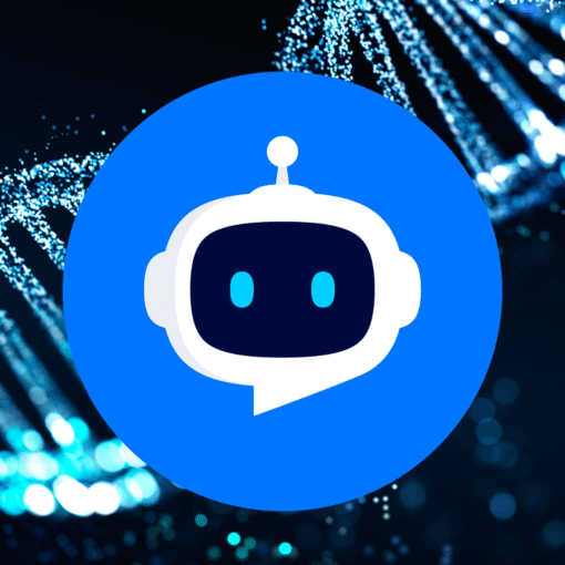 A blue circular logo featuring a white chat bubble with a robot face inside, set against a dark blue, abstract background