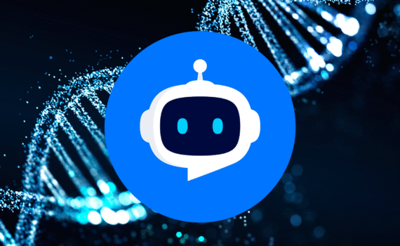 A blue circular logo featuring a white chat bubble with a robot face inside, set against a dark blue, abstract background