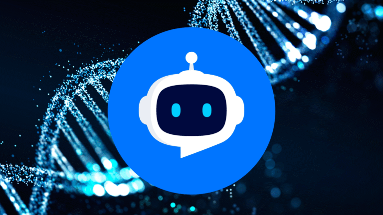 A blue circular logo featuring a white chat bubble with a robot face inside, set against a dark blue, abstract background