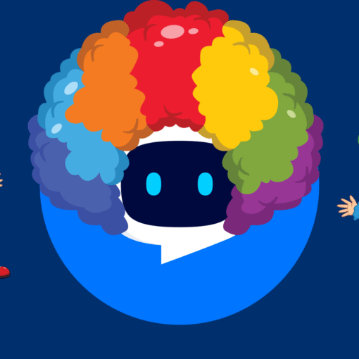 A blue screen with a large, colorful clown wig surrounding a dark circular face in the center, and two smaller clowns on either side waving.