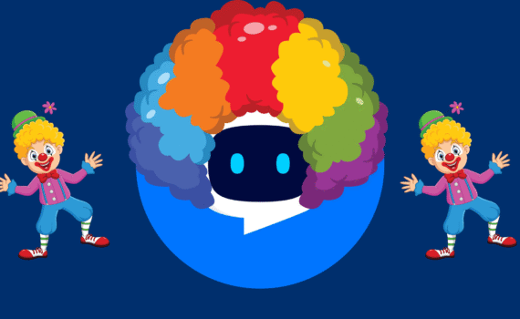 A blue screen with a large, colorful clown wig surrounding a dark circular face in the center, and two smaller clowns on either side waving.