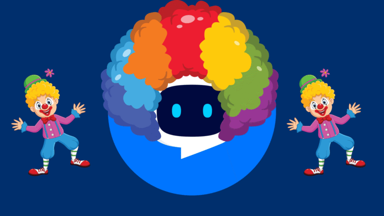 A blue screen with a large, colorful clown wig surrounding a dark circular face in the center, and two smaller clowns on either side waving.