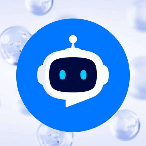 A bright blue circular logo featuring a white-outline robot head inside a dark face, set against a light, abstract background.