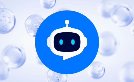 A bright blue circular logo featuring a white-outline robot head inside a dark face, set against a light, abstract background.