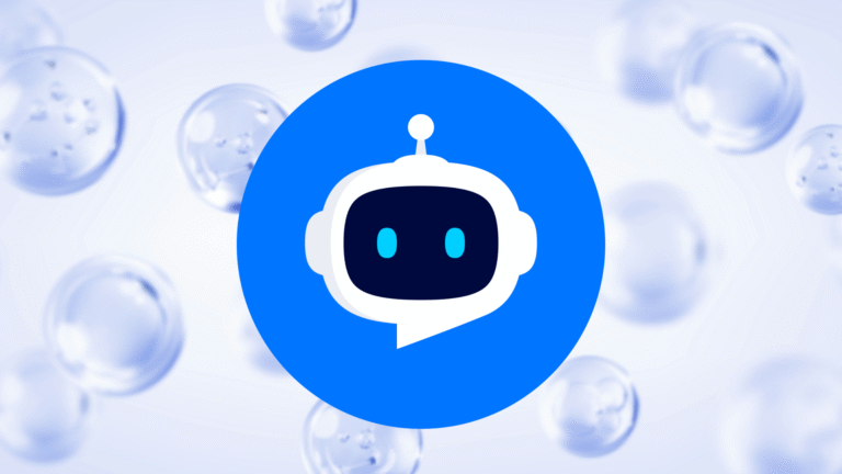 A bright blue circular logo featuring a white-outline robot head inside a dark face, set against a light, abstract background.
