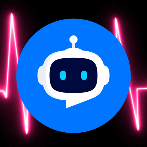 A bright blue circular logo with a white outline of a robot head inside a dark face, set against a black background with neon-pink heartbeat lines.