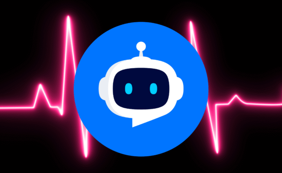 A bright blue circular logo with a white outline of a robot head inside a dark face, set against a black background with neon-pink heartbeat lines.
