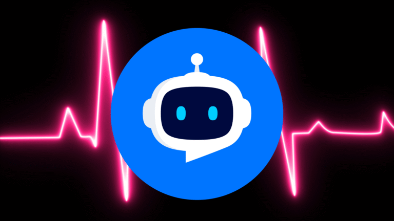 A bright blue circular logo with a white outline of a robot head inside a dark face, set against a black background with neon-pink heartbeat lines.