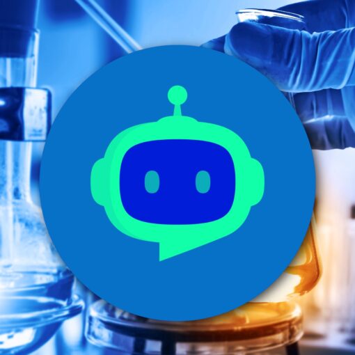 "Blue and orange laboratory glassware with a green-and-blue robot logo centered