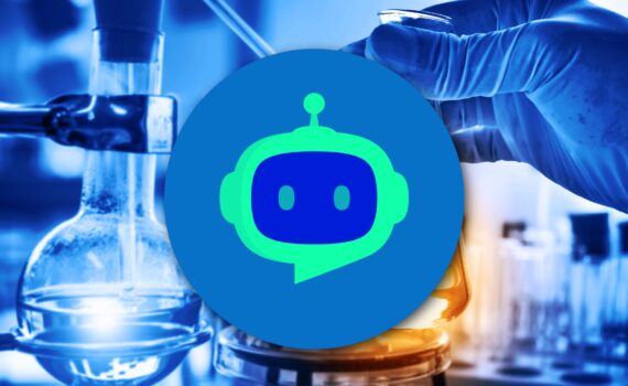 "Blue and orange laboratory glassware with a green-and-blue robot logo centered