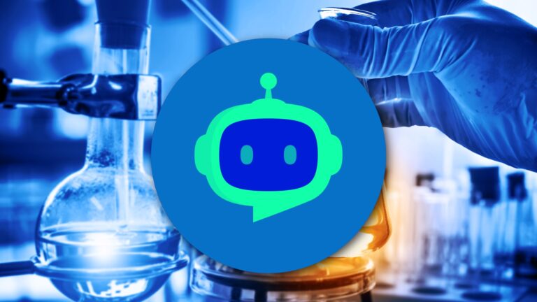 "Blue and orange laboratory glassware with a green-and-blue robot logo centered
