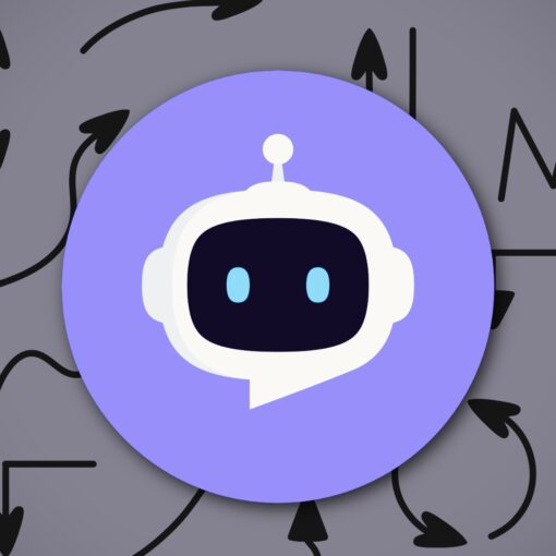 Purple circular robot logo over gray background with black arrows and directional doodles