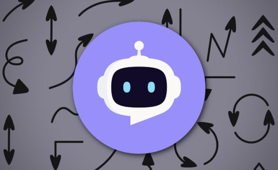 Purple circular robot logo over gray background with black arrows and directional doodles