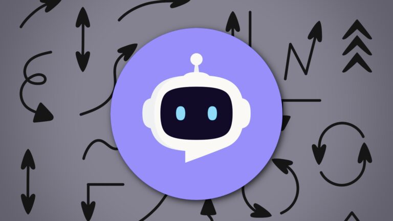 Purple circular robot logo over gray background with black arrows and directional doodles
