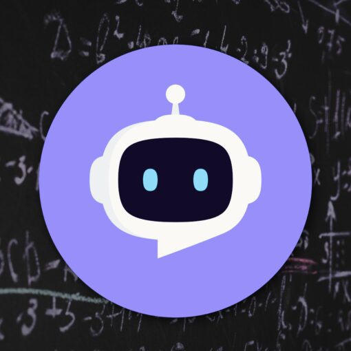 Purple robot logo centered over a chalkboard with math equations