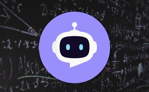 Purple robot logo centered over a chalkboard with math equations