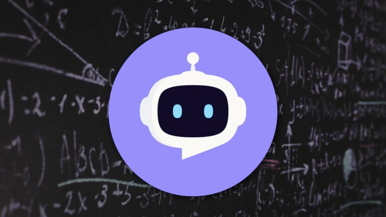 Purple robot logo centered over a chalkboard with math equations