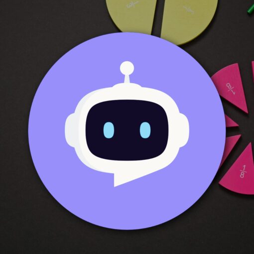 Purple robot logo centered over dark background with colorful math fraction manipulatives
