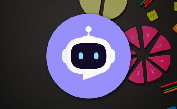 Purple robot logo centered over dark background with colorful math fraction manipulatives